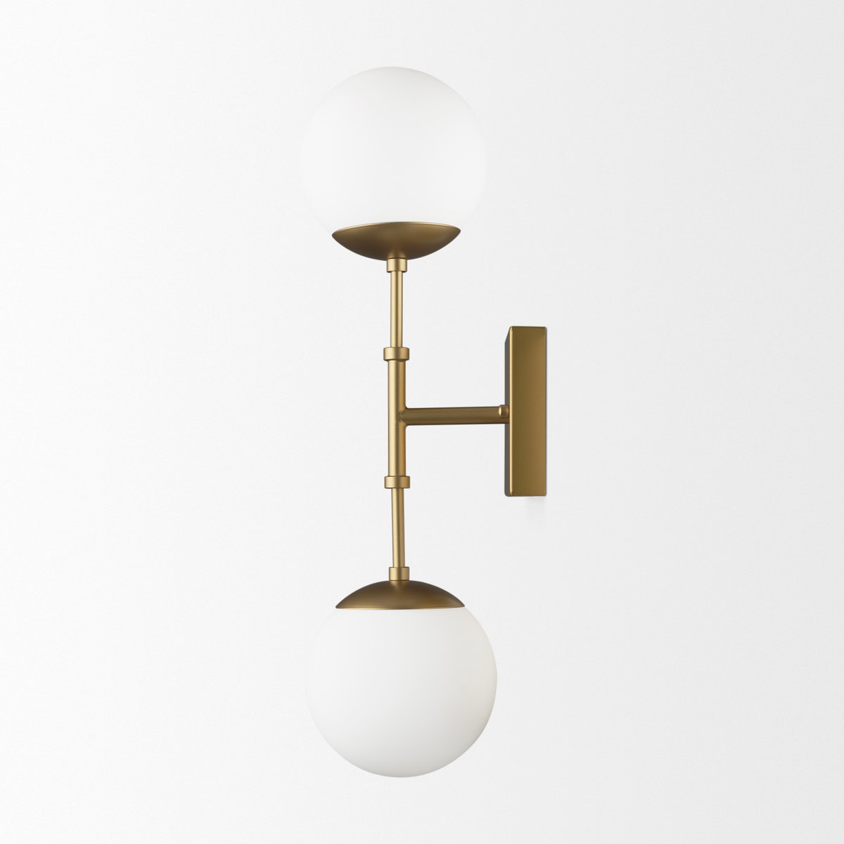 Edie Brushed Gold Metal with Frosted Glass Globes 2-Light Wall Sconce, by Mercana, 22" length x 7.5" width x 6" height View 4