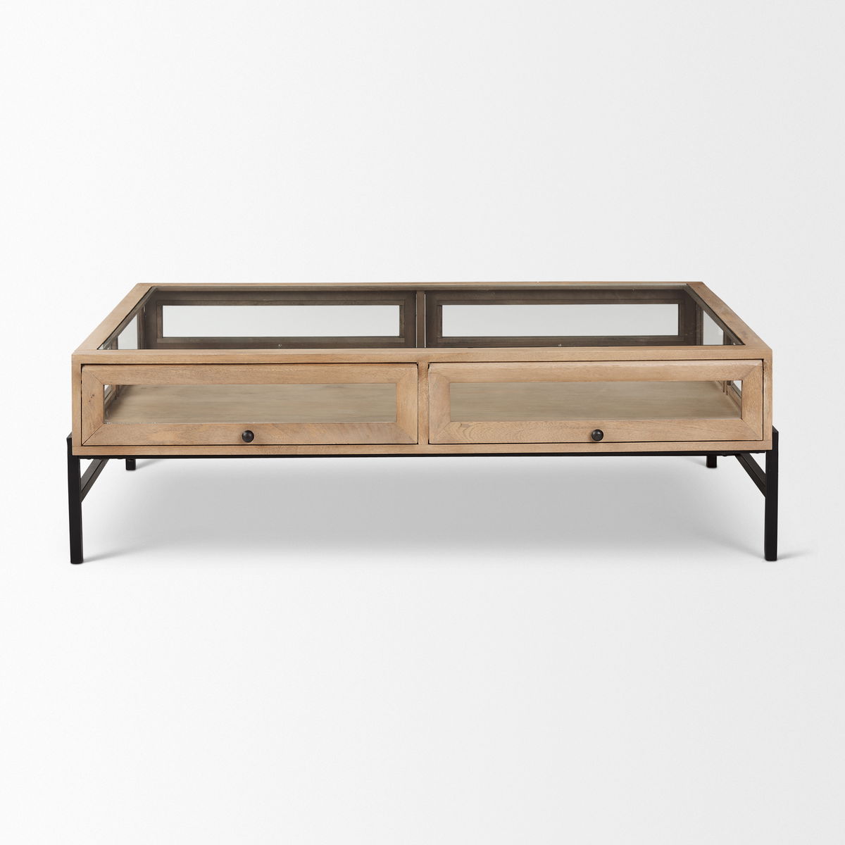 Arelius 49.5'L Rectangular Light Brown Wood with Black Metal Base Display Coffee Table, by Mercana, 49.5" length x 29.5" width x 15" height View 2