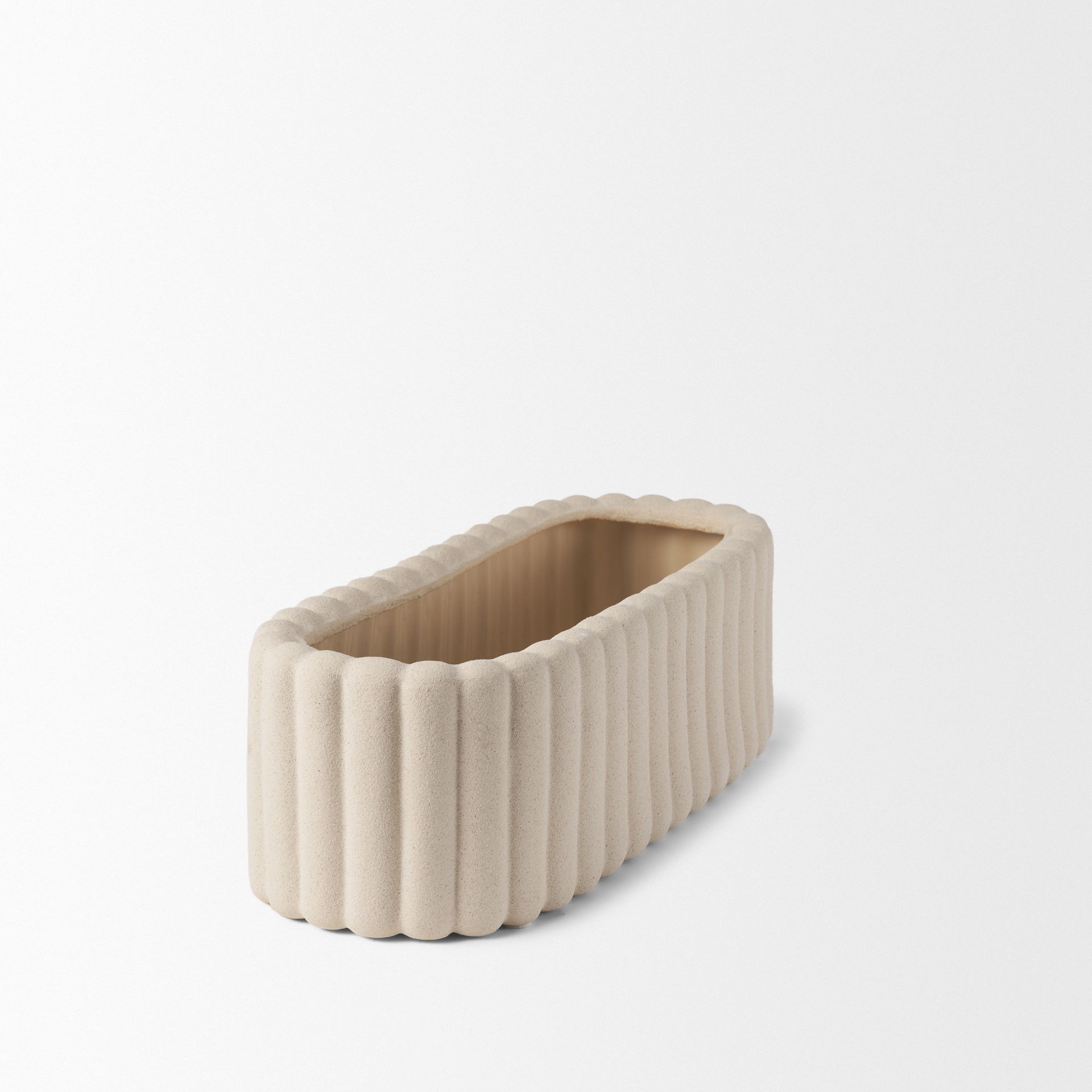 Mira Wide Textured Blush Beige Fluted Ceramic Vase, by Mercana, 18.9" length x 7.48" width x 5.91" height View 5