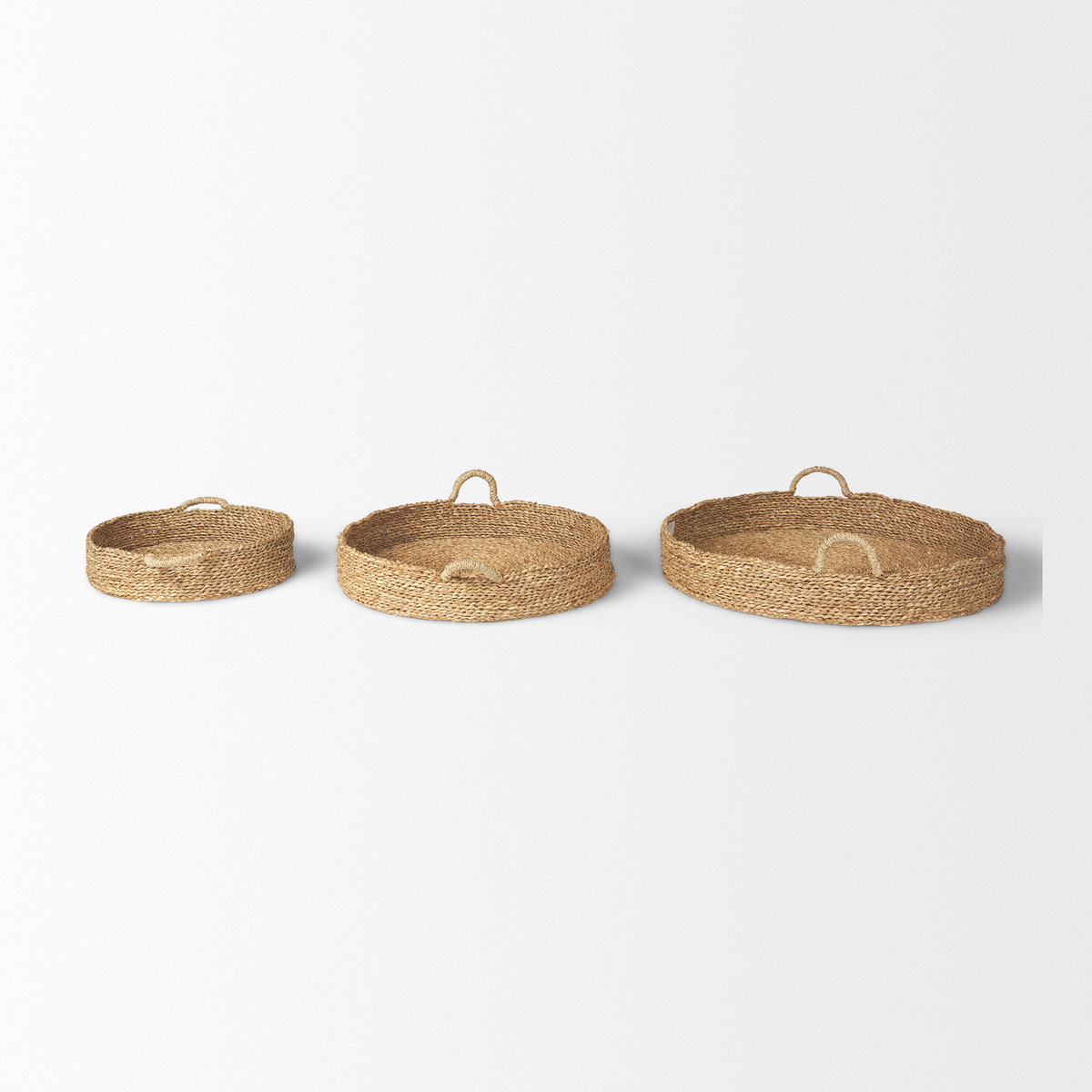 Ulana Set of 3 Round Nesting Seagrass Trays with Loop Handles, Decorative Tray by Mercana, 26.38" length x 26.38" width x 3.94" height View 4