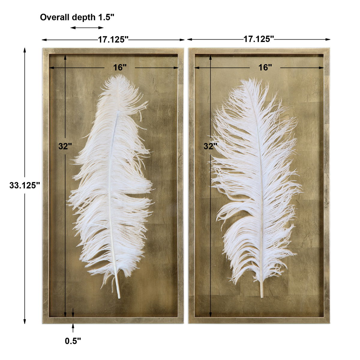 White Feathers Gold Shadow Box Set/2, Sculptural Wall Art by Uttermost, 17.12" width x 33.12" height x 1.5" depth View 3
