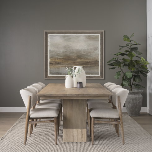 Shivon 84"L x 42"W Rectangular Dining Table | Light Brown Wood & Travertine | Seats 8