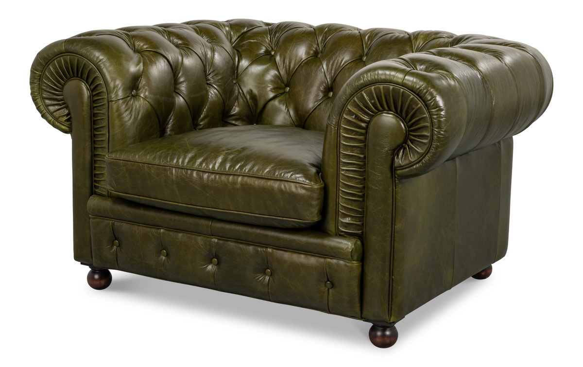Savile Leather Chair,Green, Seating by Sarreid, 51" length x 39" width x 29" height View 1
