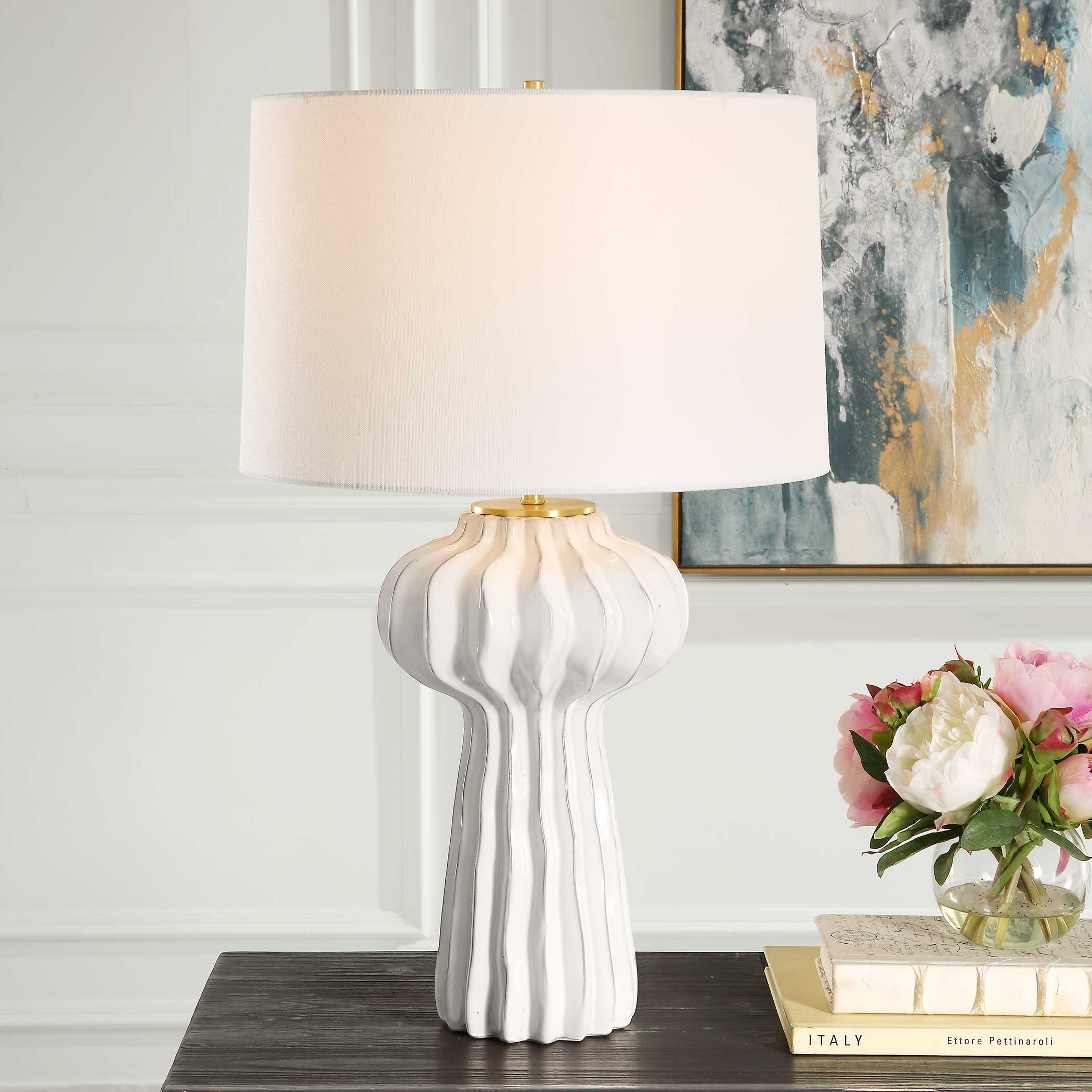 Wrenley Ridged White Table Lamp, by Uttermost, 17" width x 27.5" height x 17" depth View 2