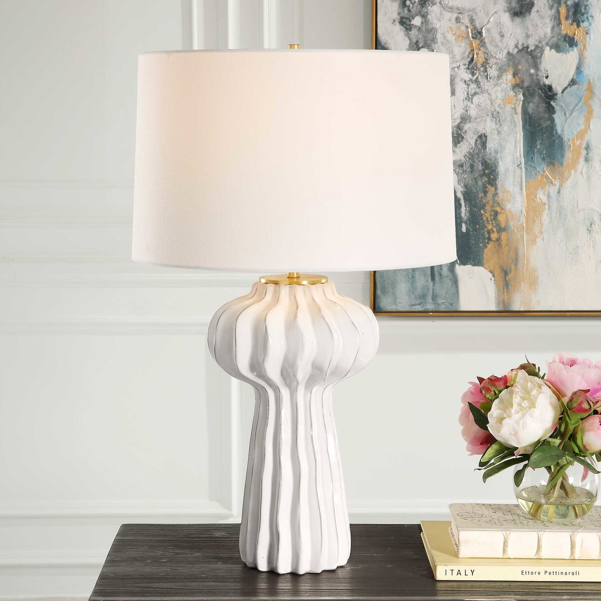 Wrenley Ridged White Table Lamp, by Uttermost, 17" width x 27.5" height x 17" depth View 2