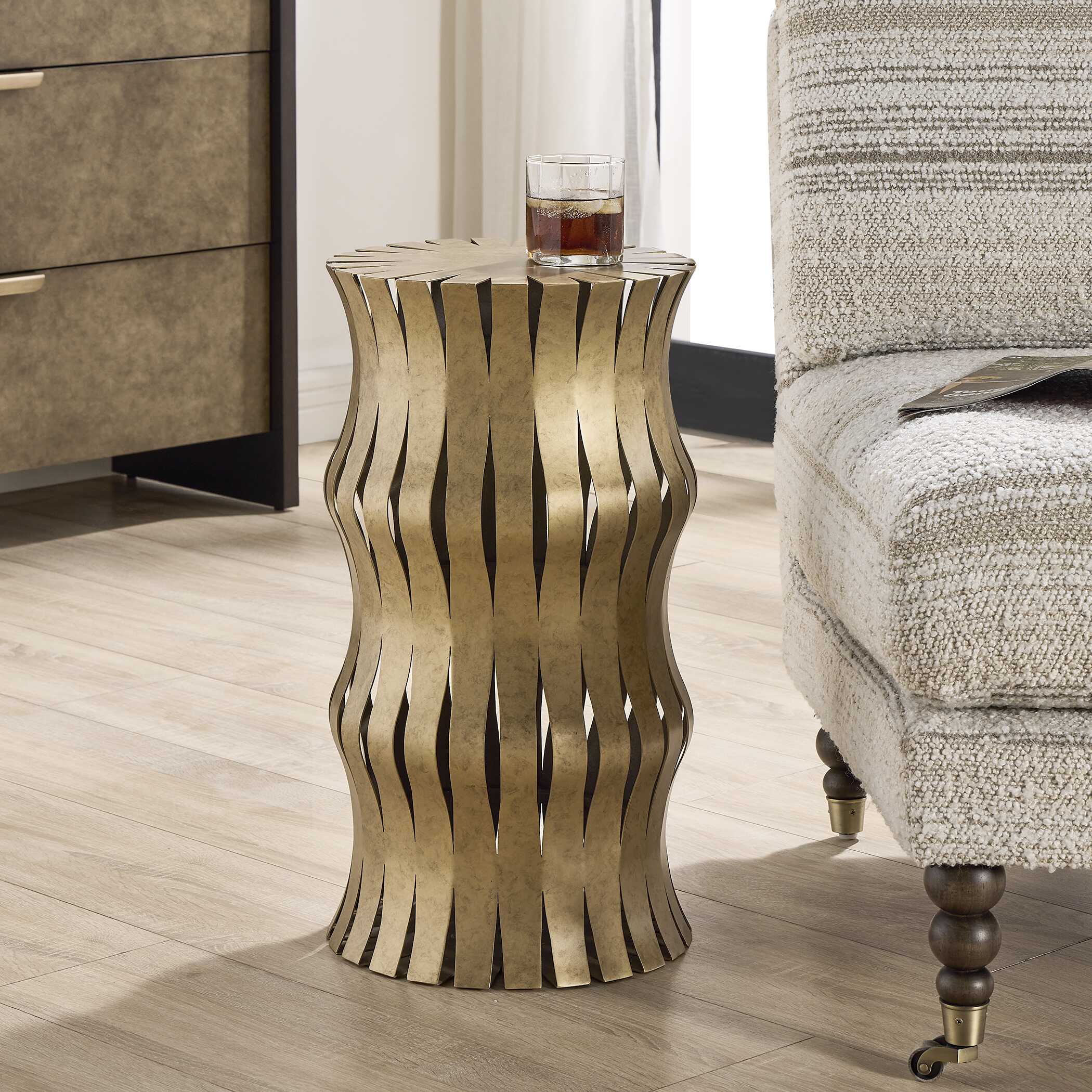 Arida Aged Gold Accent Table, Furniture by Uttermost, 12" width x 22" height x 12" depth View 2