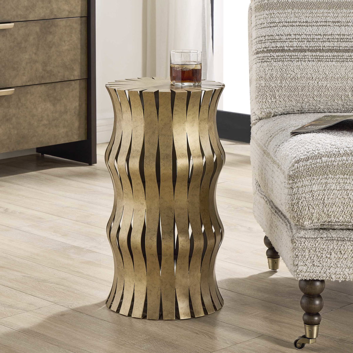 Arida Aged Gold Accent Table, Furniture by Uttermost, 12" width x 22" height x 12" depth View 2