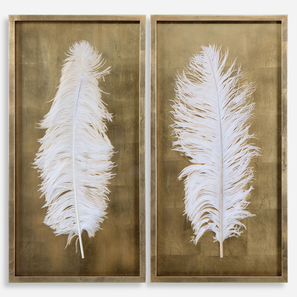 White Feathers Gold Shadow Box Set/2, Sculptural Wall Art by Uttermost, 17.12" width x 33.12" height x 1.5" depth View 1