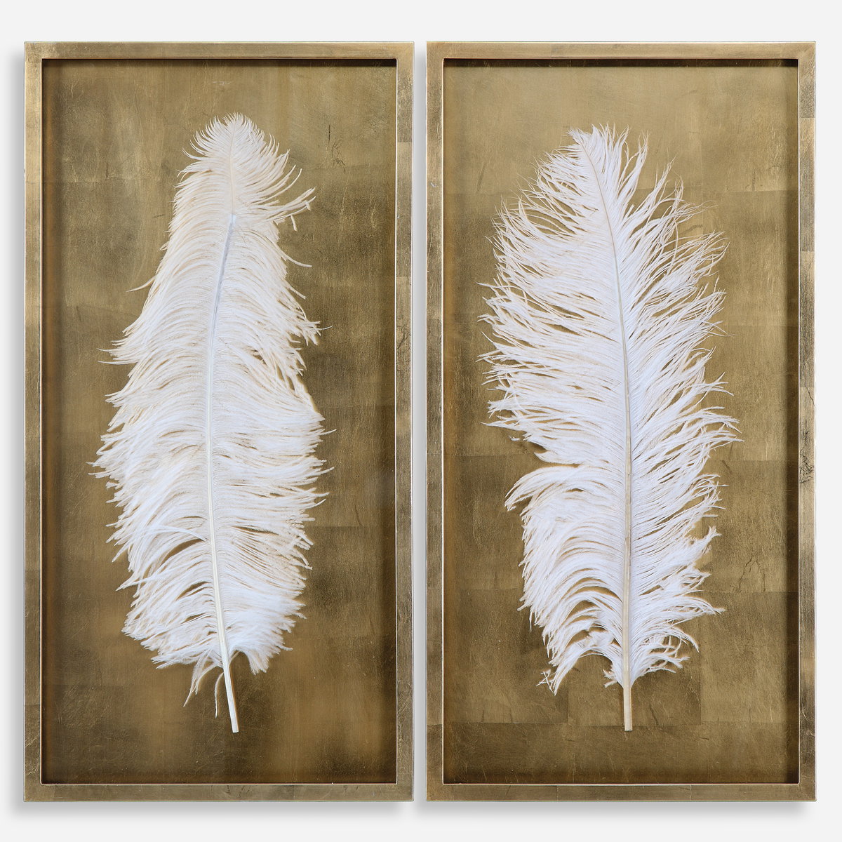 White Feathers Gold Shadow Box Set/2, Sculptural Wall Art by Uttermost, 17.12" width x 33.12" height x 1.5" depth View 1