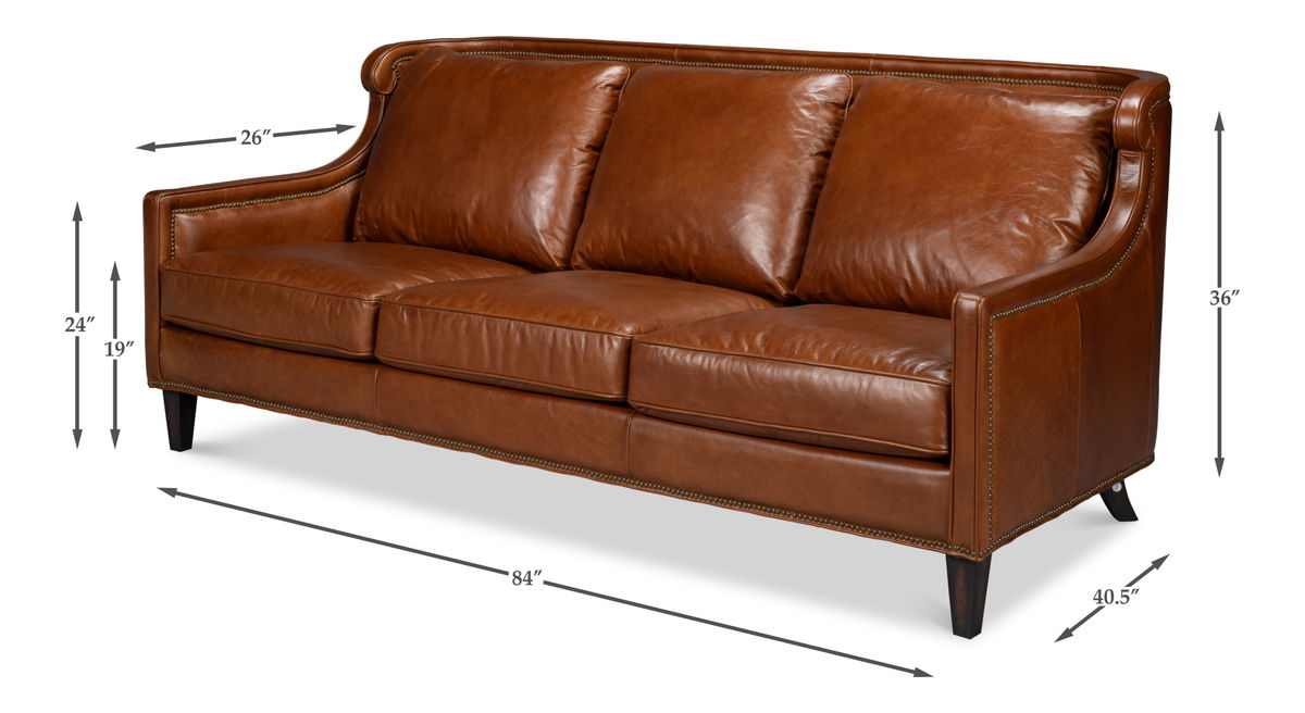 Philipe Distilled Leather Sofa Brown, by Sarreid, 7' width x 3' height View 15