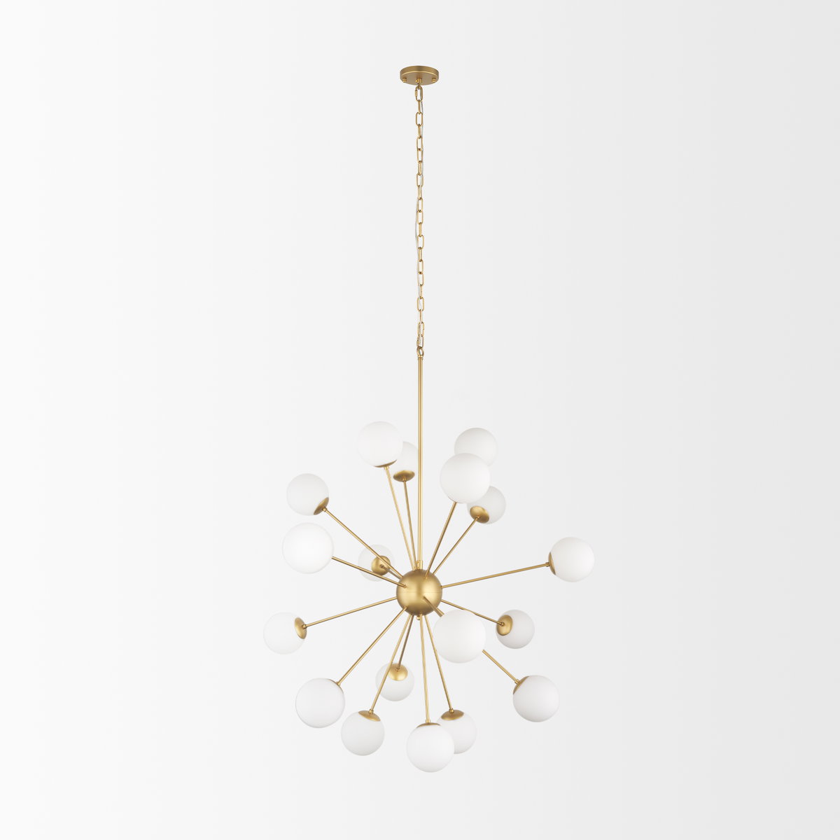 Barbara Brushed Gold Metal with Frosted Glass Globes  18-Light Chandelier, by Mercana, 48.82" length x 48.82" width x 48.82" height View 4