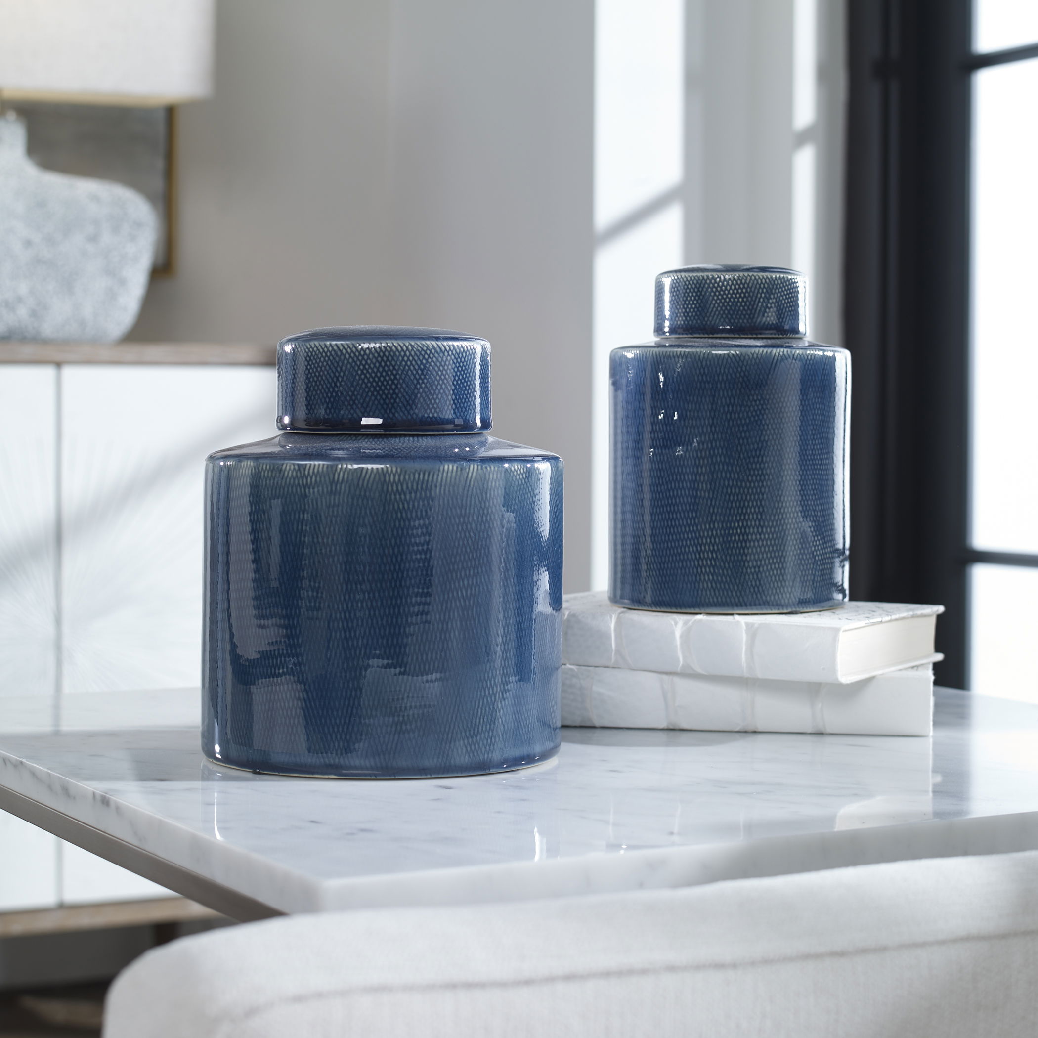 Saniya Blue Containers Set/2, Decorative by Uttermost, 7" width x 8.25" height x 7" depth View 2