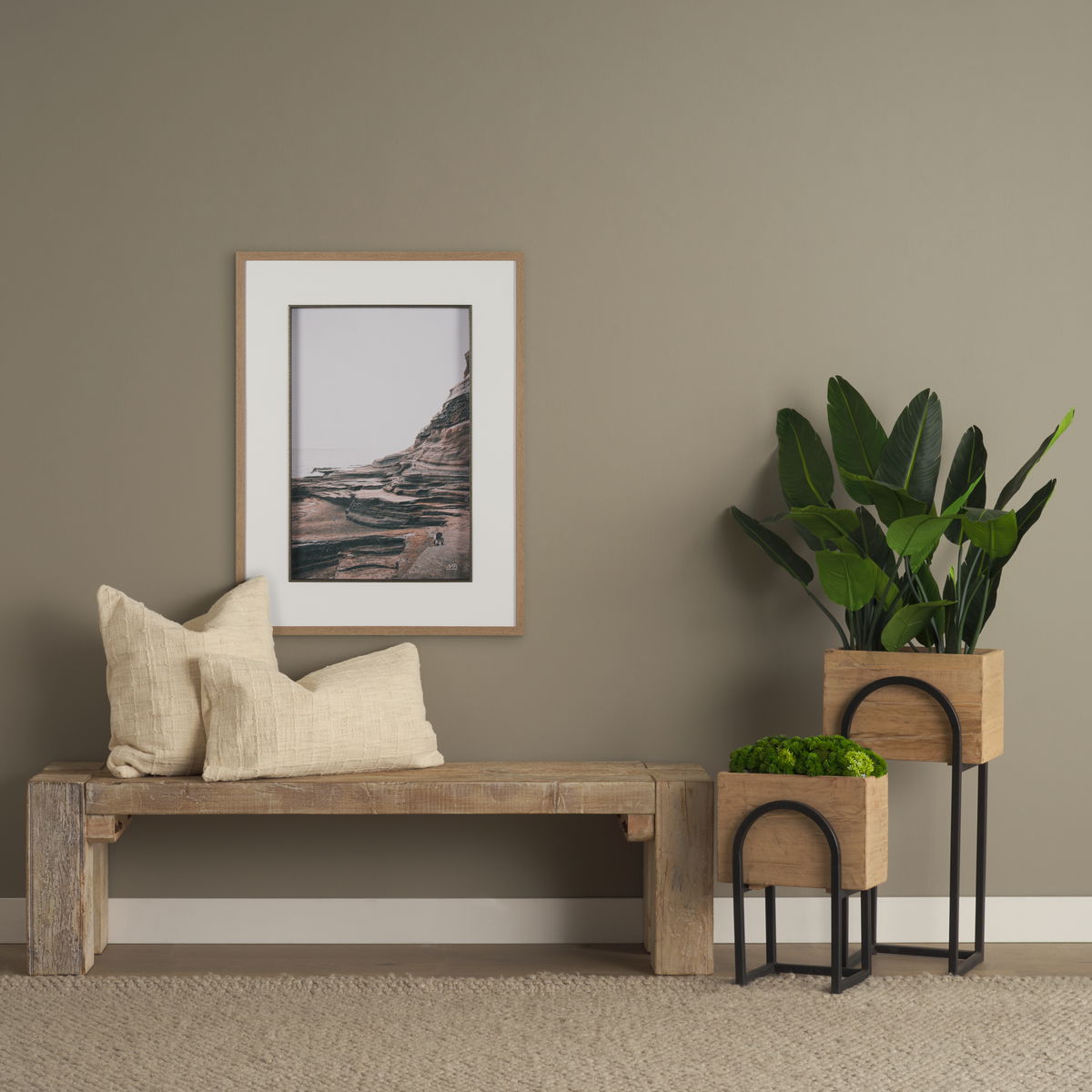 Jadine Set of 2  Beige Wood with Black Metal Arch Frames, Planter by Mercana, 15" length x 12" width x 29.5" height View 2