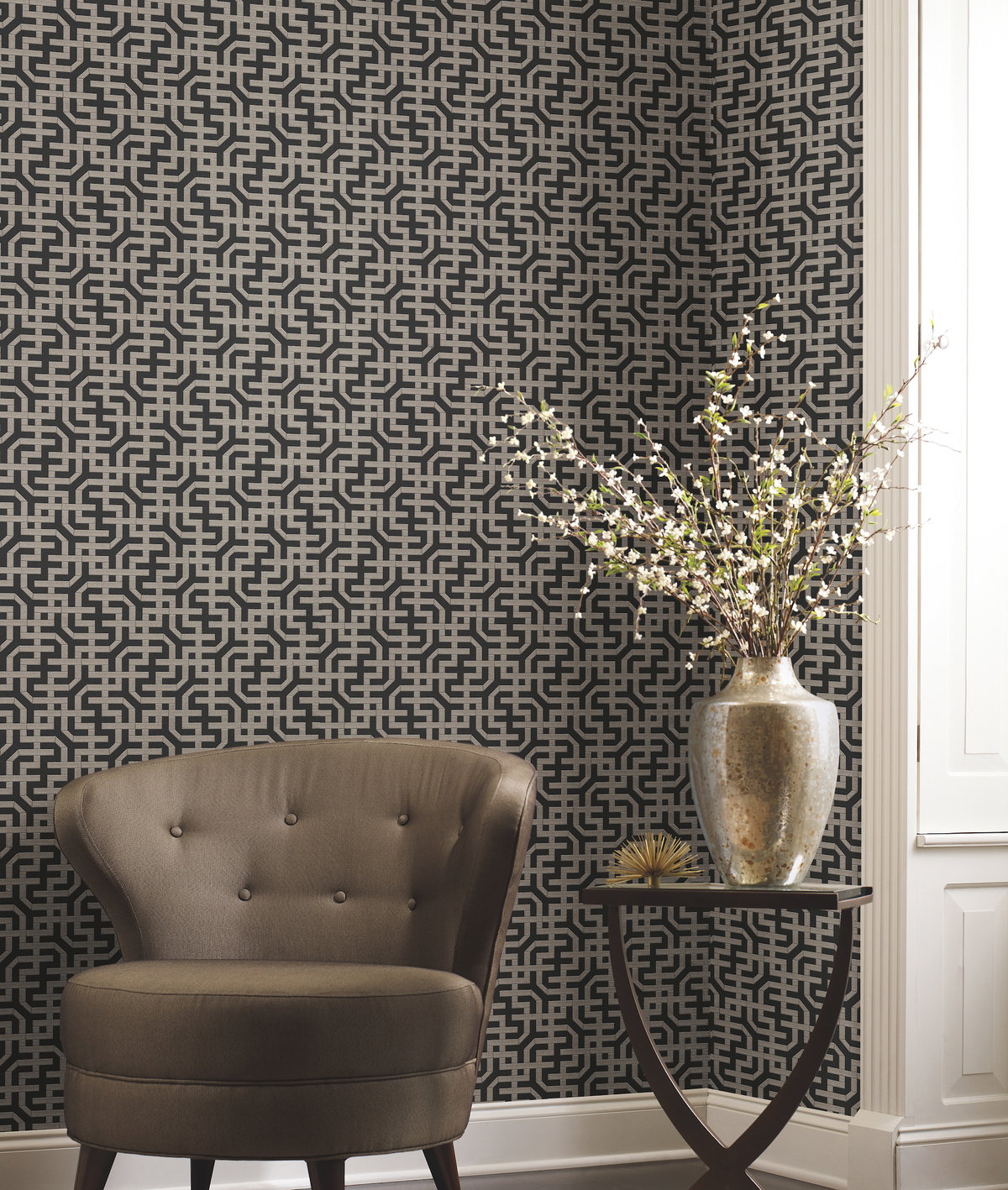 Dynastic Lattice Black Wallpaper, by York Wall, 33' length x 1'8.5" width x 0.02" depth View 2
