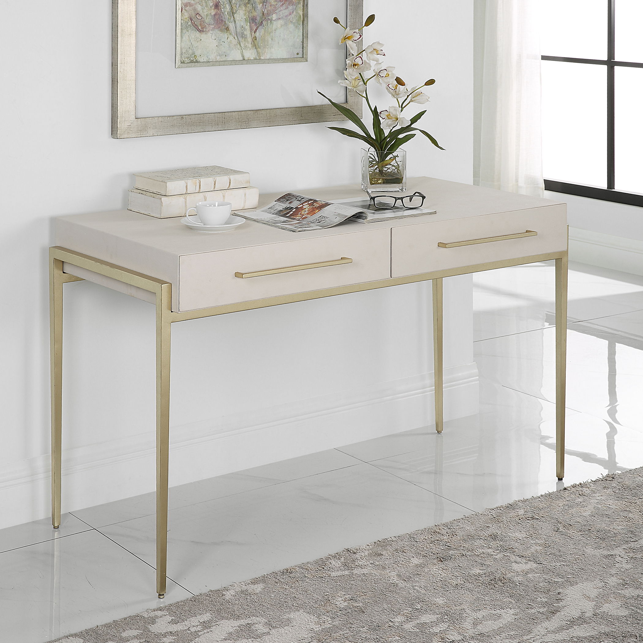 Jewel Modern White Desk, Furniture by Uttermost, 48" width x 30" height x 22" depth View 2