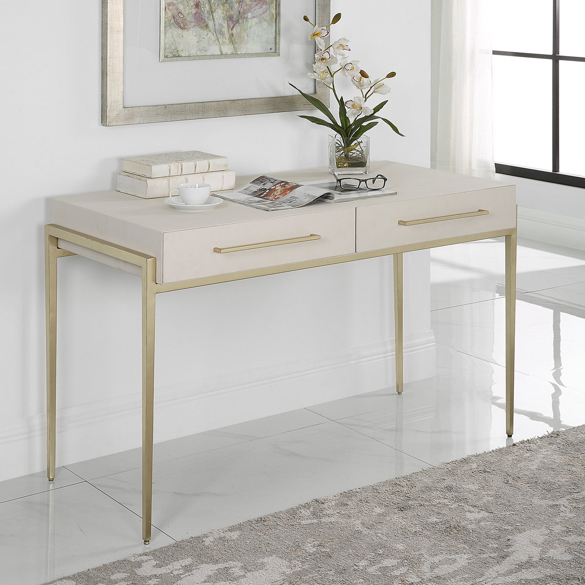 Jewel Modern White Desk, by Uttermost, 48" width x 30" height x 22" depth View 2