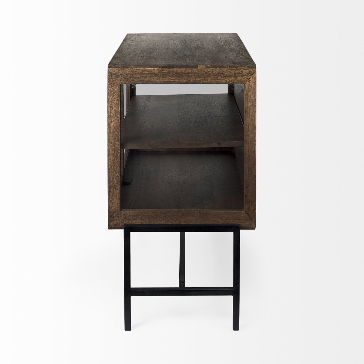 Arelius 36L x 18W x 32H Medium Brown Wood, Black Metal Base with 2 Glass Doors Accent Cabinet, Cabinets & Chest by Mercana, 36" length x 18.75" width x 32" height View 7