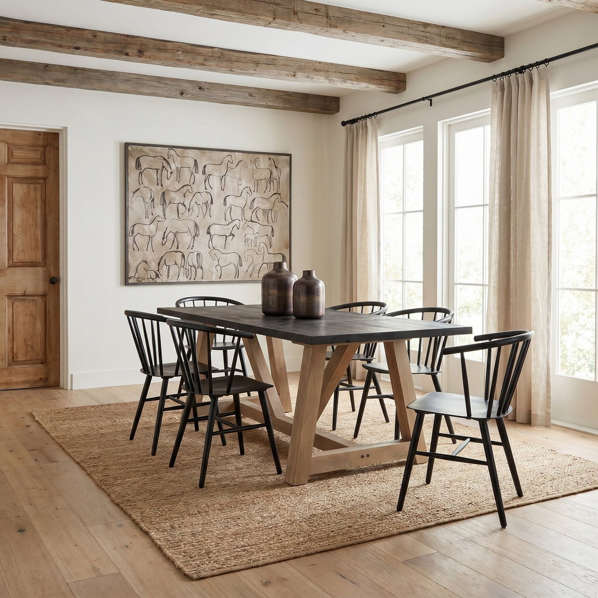 Rialto 84'L x 42'W Rectangular Trestle Dining Table | Black-Brown Wood & Light Brown Wood | Seats 8, by Mercana, 84" length x 42" width x 29.5" height View 2