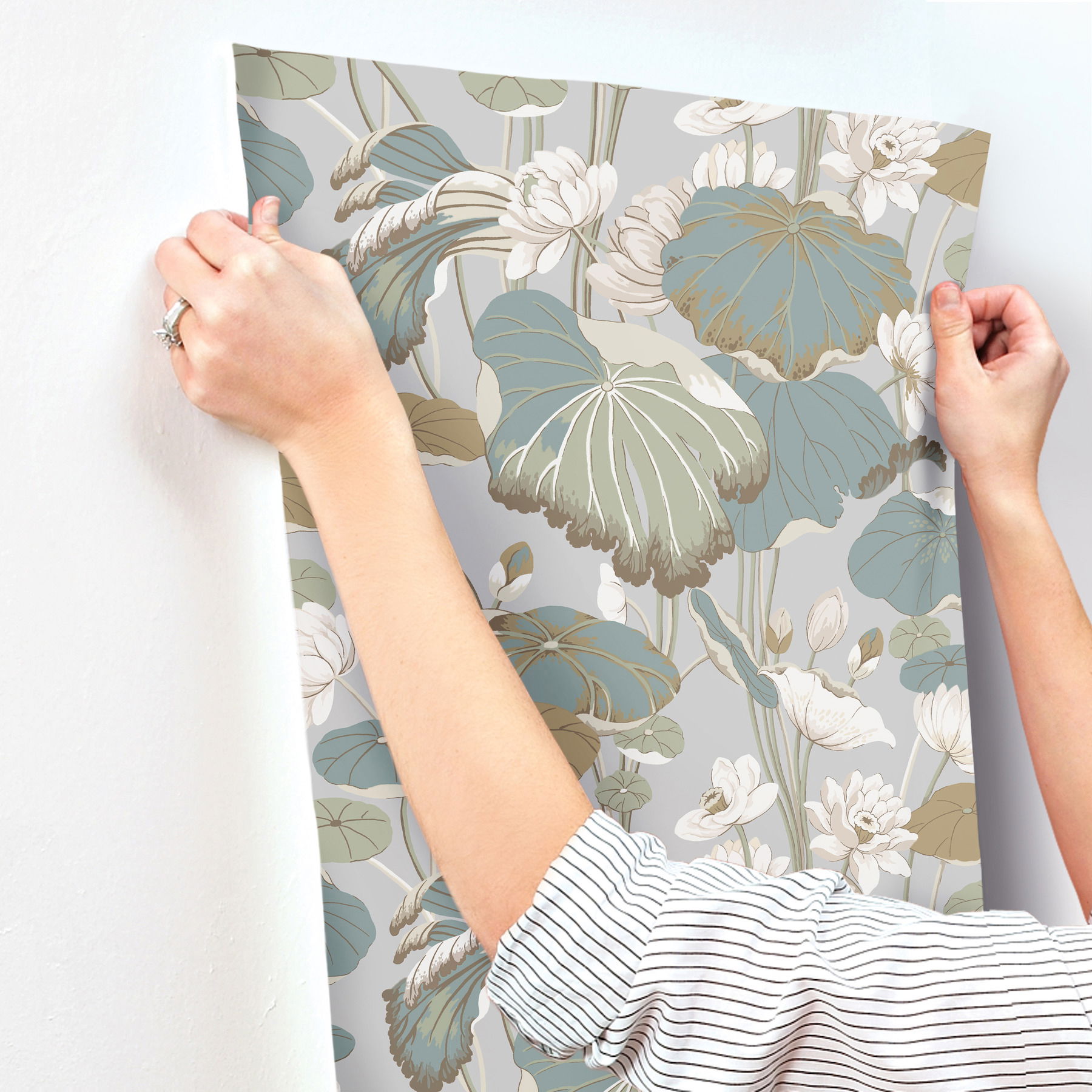 Lotus Pond Grey & Blue Wallpaper large image 