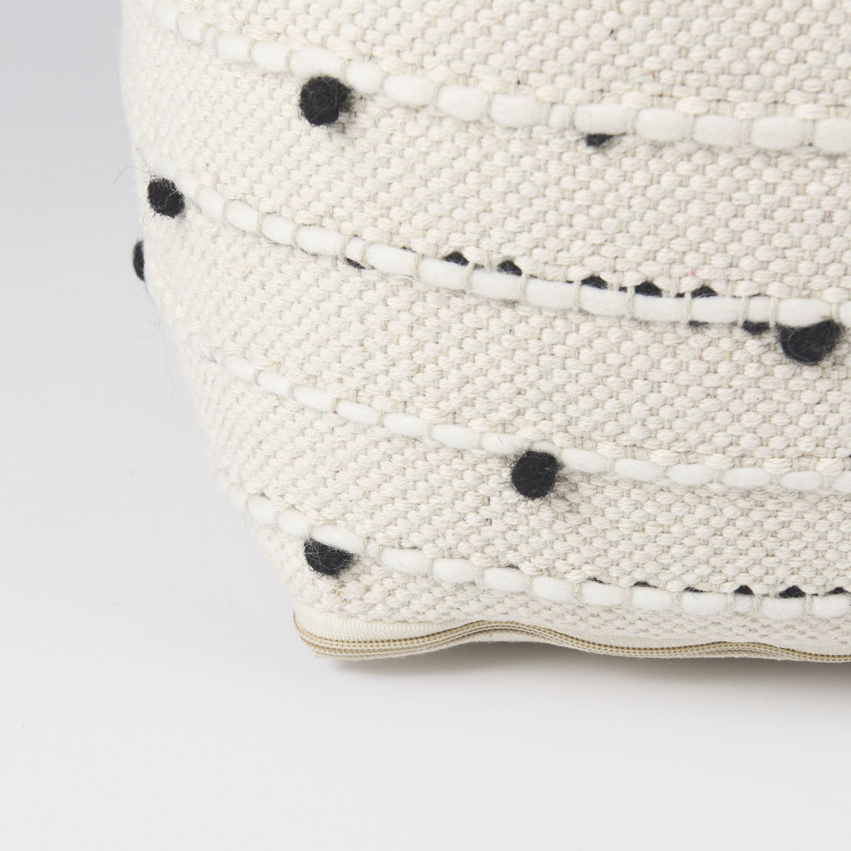 Amaira  Cream/Black/White patterned Wool and Cotton Pouf, Ottoman by Mercana, 16" length x 16" width x 16" height View 9