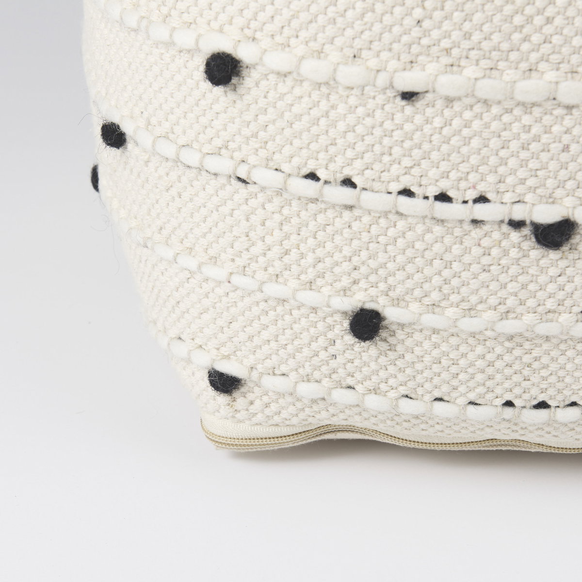 Amaira  Cream/Black/White patterned Wool and Cotton Pouf, Ottoman by Mercana, 16" length x 16" width x 16" height View 9