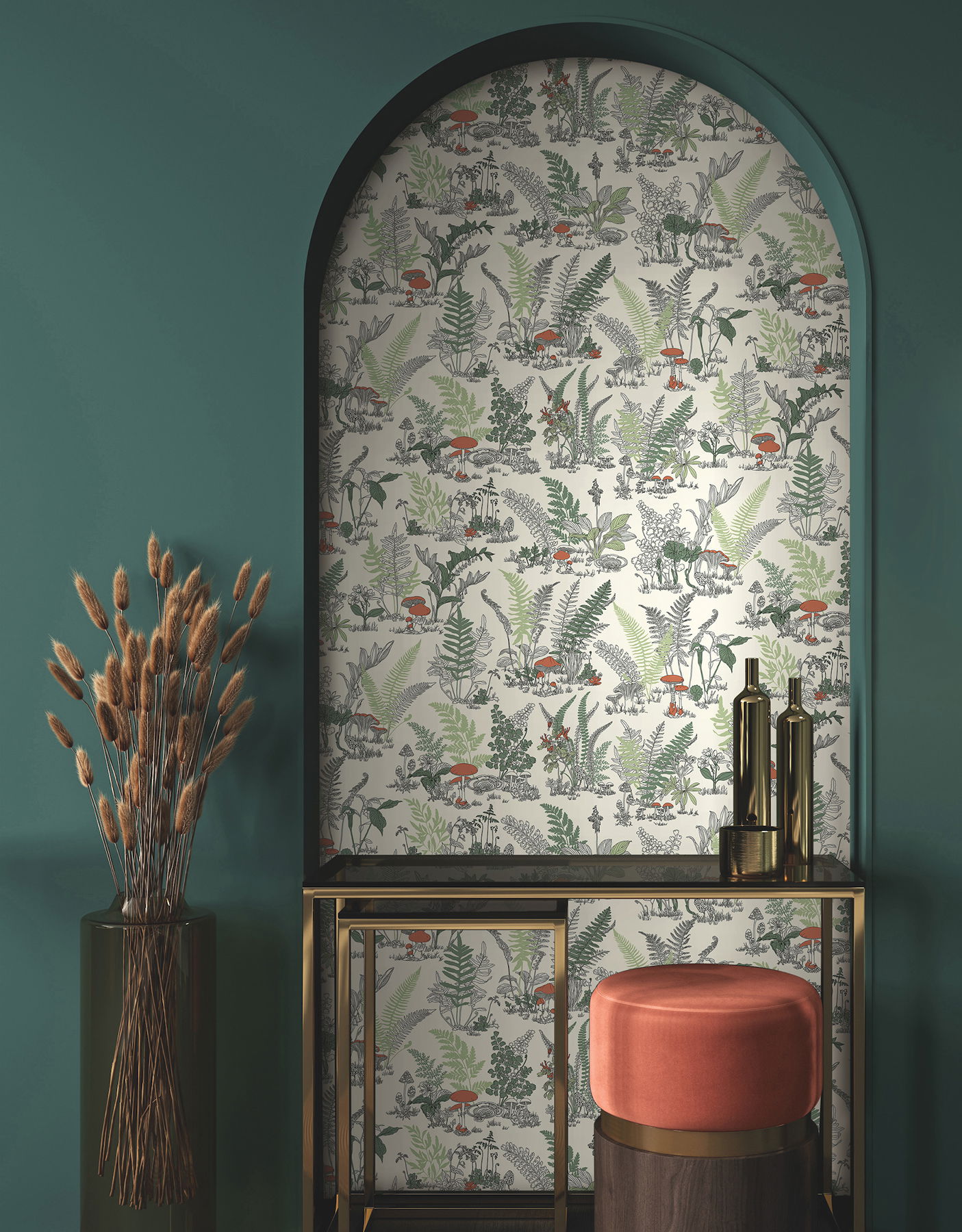 Mushroom Garden Toile Red & Green Wallpaper large image 