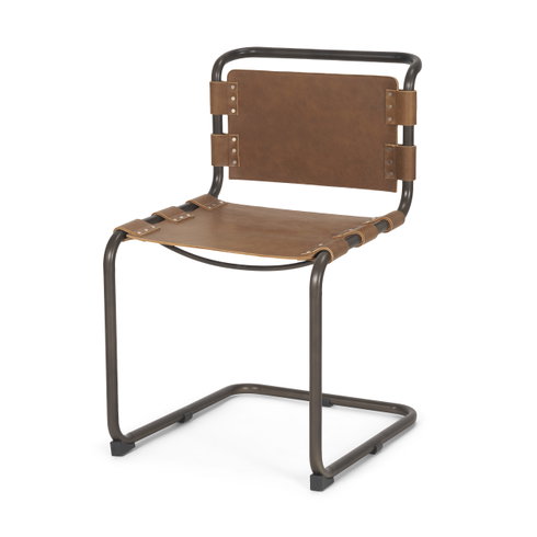 Berbick Open Back Dining Side Chair | Medium Brown Leather with Iron