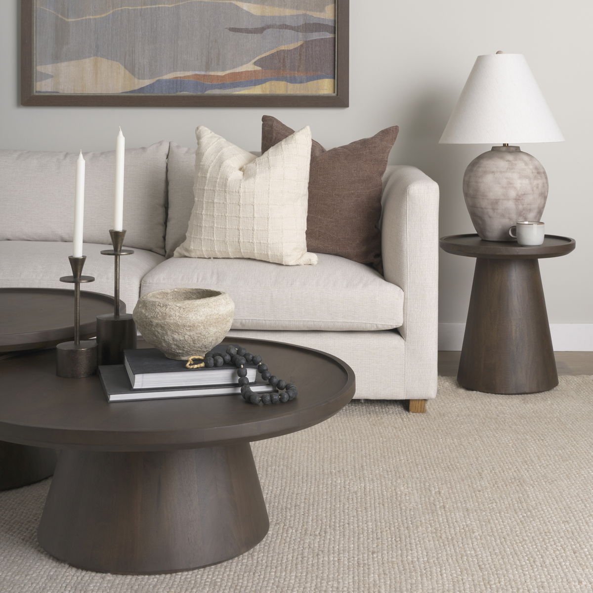Takoda Dark Brown Wood Tapered Drum Nesting Coffee Tables, by Mercana, 36" length x 36" width x 14" height View 3