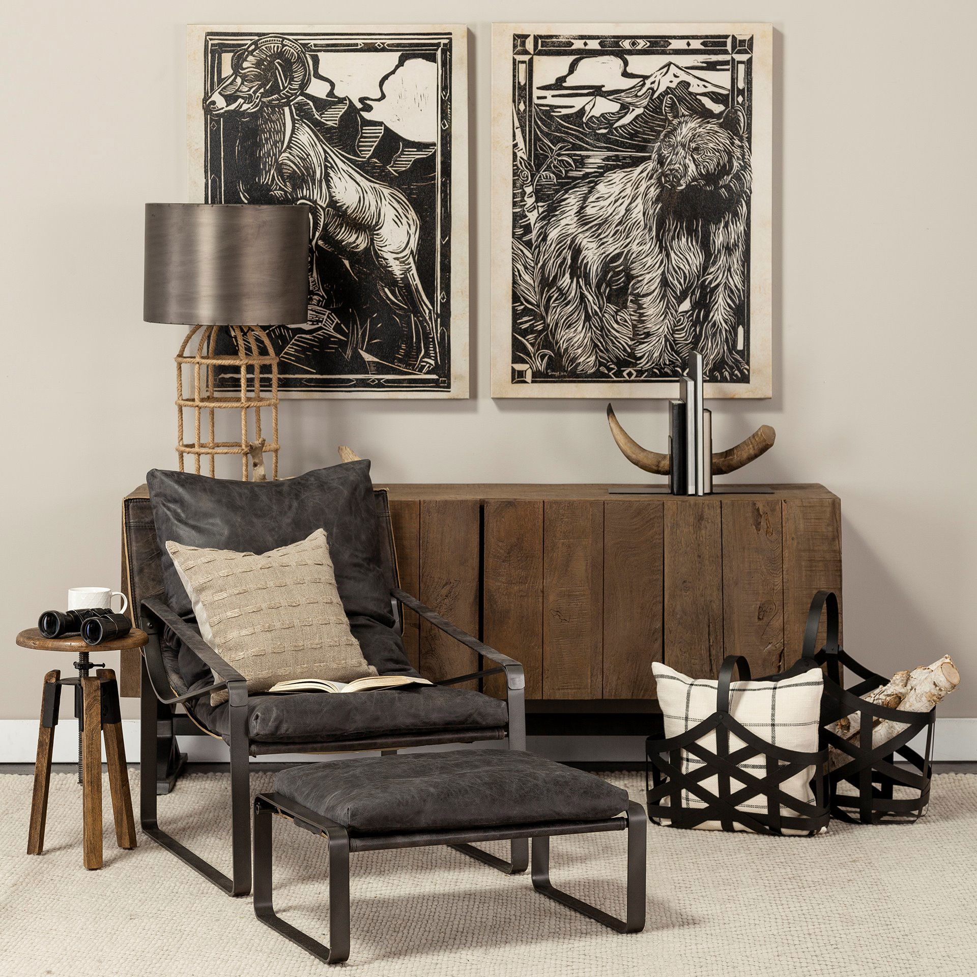 Tyrell (Set of 2) 23L x 11W; 18L x 8W Black Iron Metal Baskets, Bins & Basket by Mercana, 23" length x 11" width x 22" height View 4