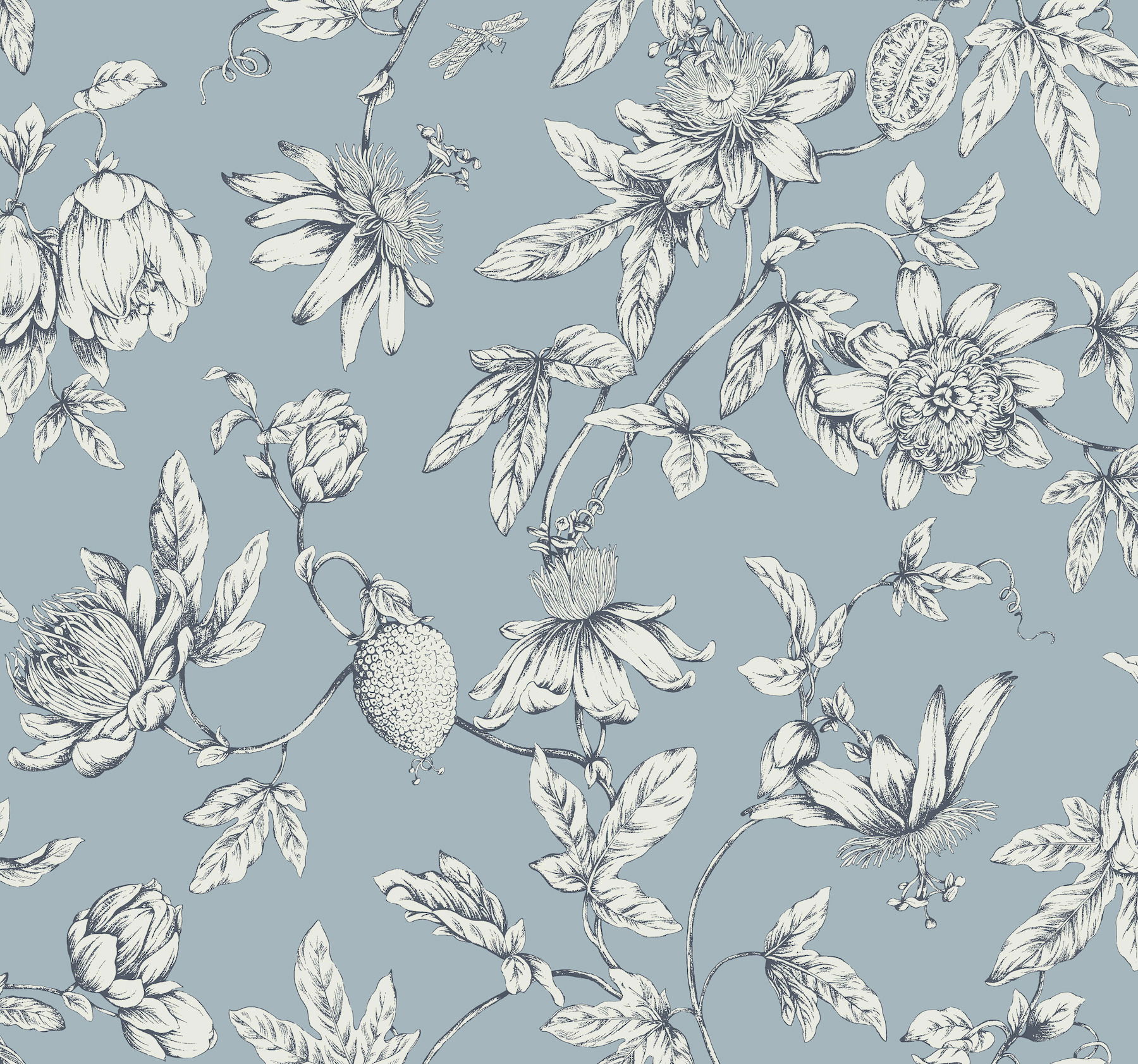 Passion Flower Toile Sky Blue Wallpaper, by York Wall, 27' length x 2'3" width x 0.02" depth View 1