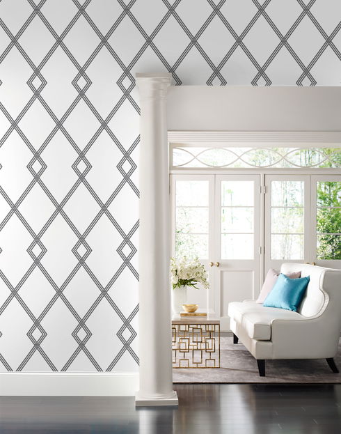 Ribbon Stripe Trellis White & Black Wallpaper