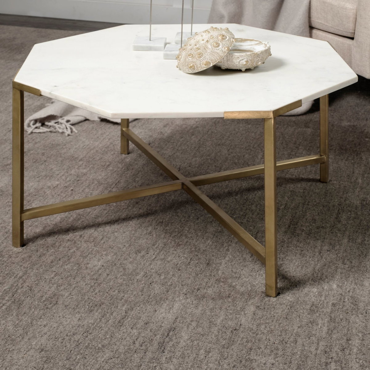 Vincent 33' Octagonal White Marble Tabletop with Gold Metal Base Coffee Table, by Mercana, 32.75" length x 32.75" width x 17" height View 3