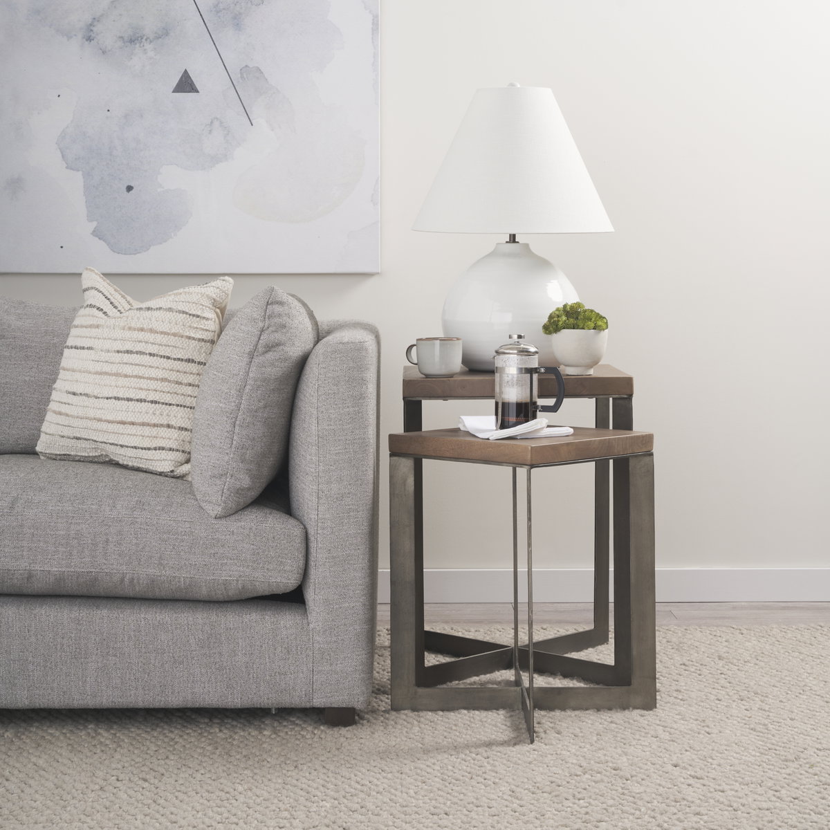 Faye (Set of 2) 19L x 19W x 26H Medium Brown Wood with Metal Base Accent Tables, Side & End Table by Mercana, 19" length x 19" width x 26" height View 2