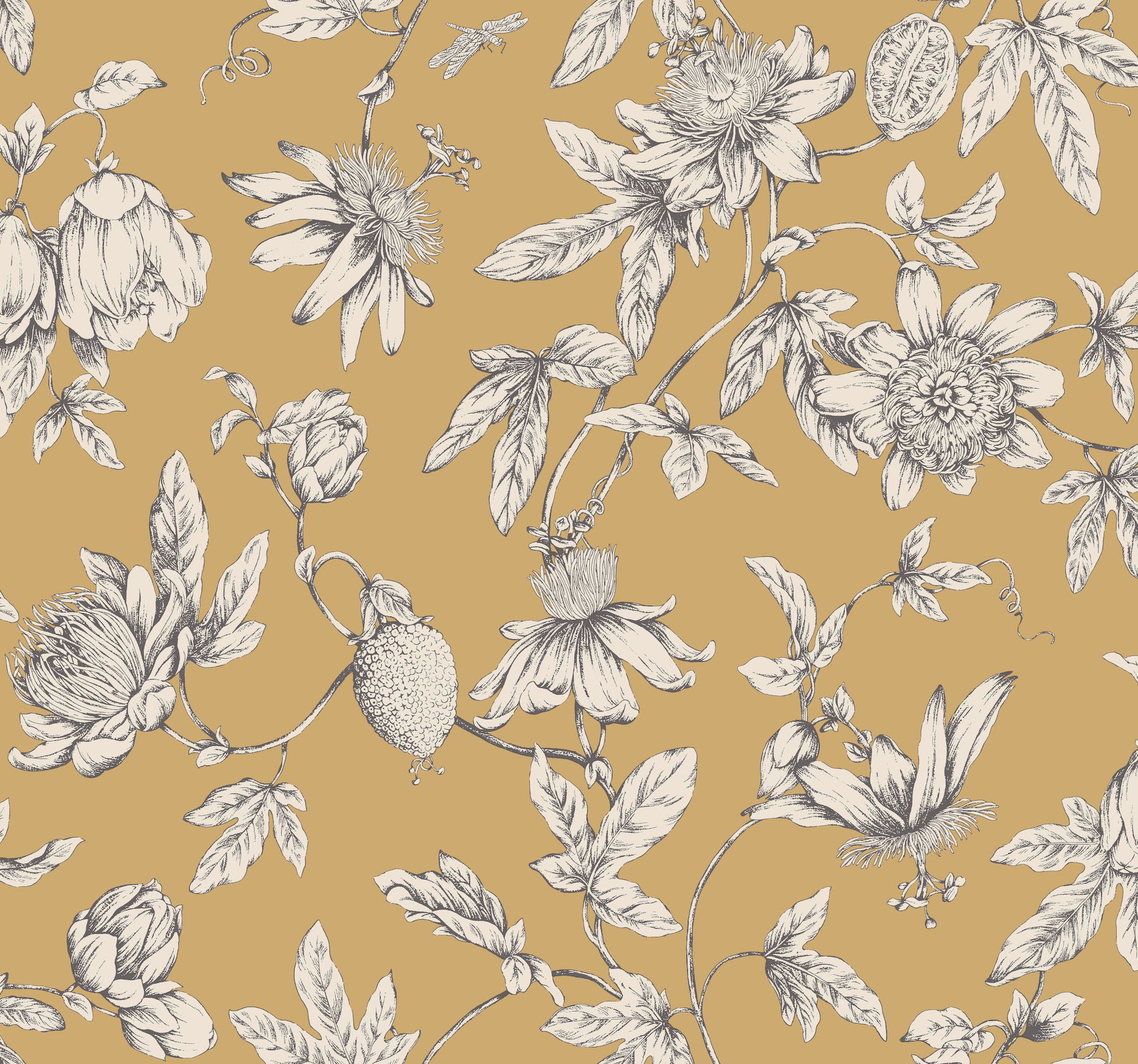 Passion Flower Toile Harvest Wallpaper, by York Wall, 27' length x 2'3" width x 0.02" depth View 1