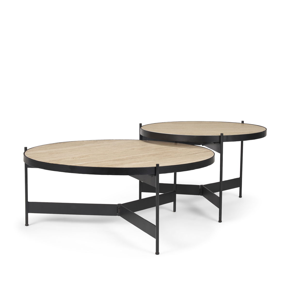 Wade Travertine Marble with Matte Black Metal Coffee Tables, by Mercana, 56" length x 32" width x 13.5" height View 1