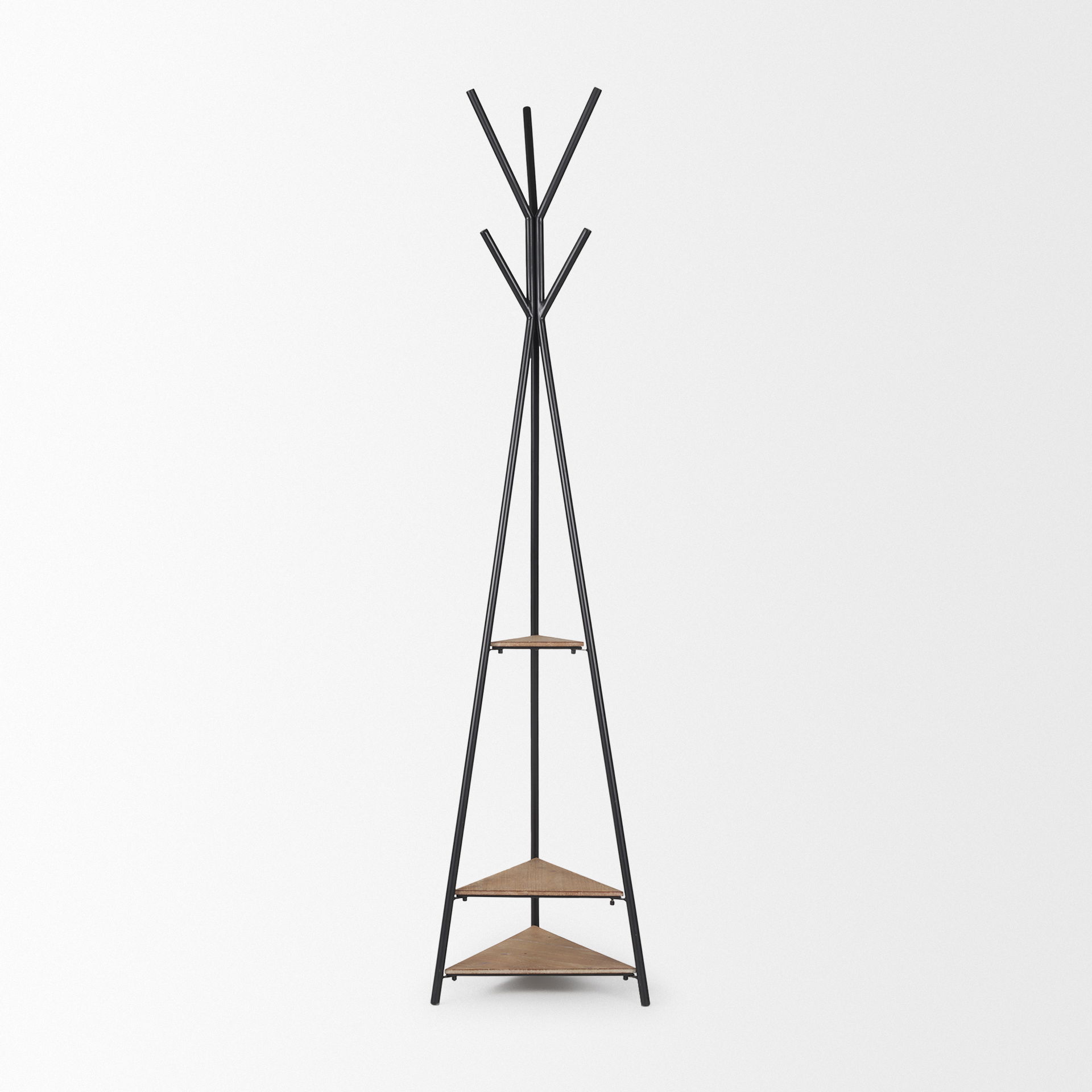 Everett Matte Black Metal with Two Wood Shelves Coat Rack, Stands, Racks & Hook by Mercana, 16.75" length x 16.75" width x 71" height View 3