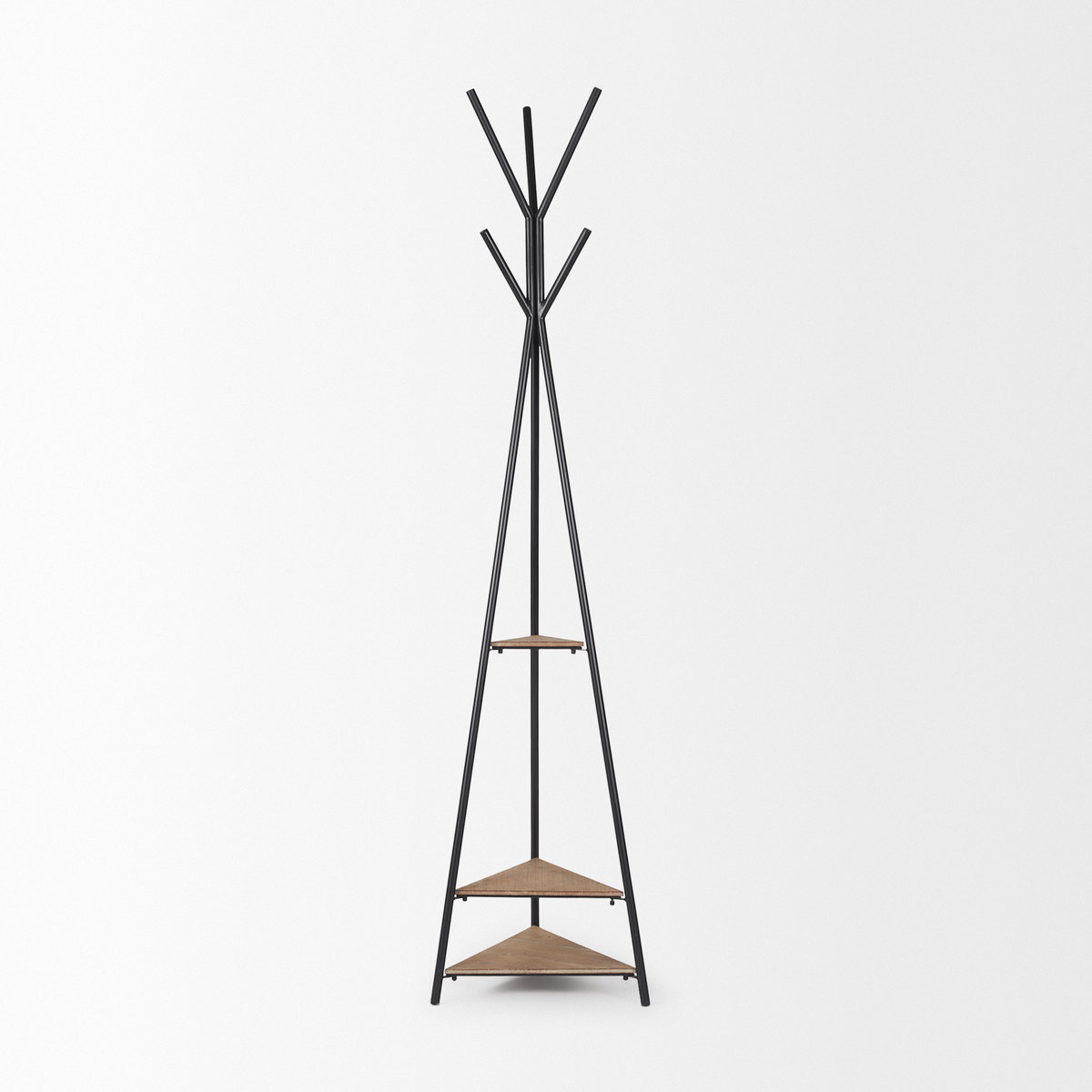 Everett Matte Black Metal with Two Wood Shelves Coat Rack, Stands, Racks & Hook by Mercana, 16.75" length x 16.75" width x 71" height View 3
