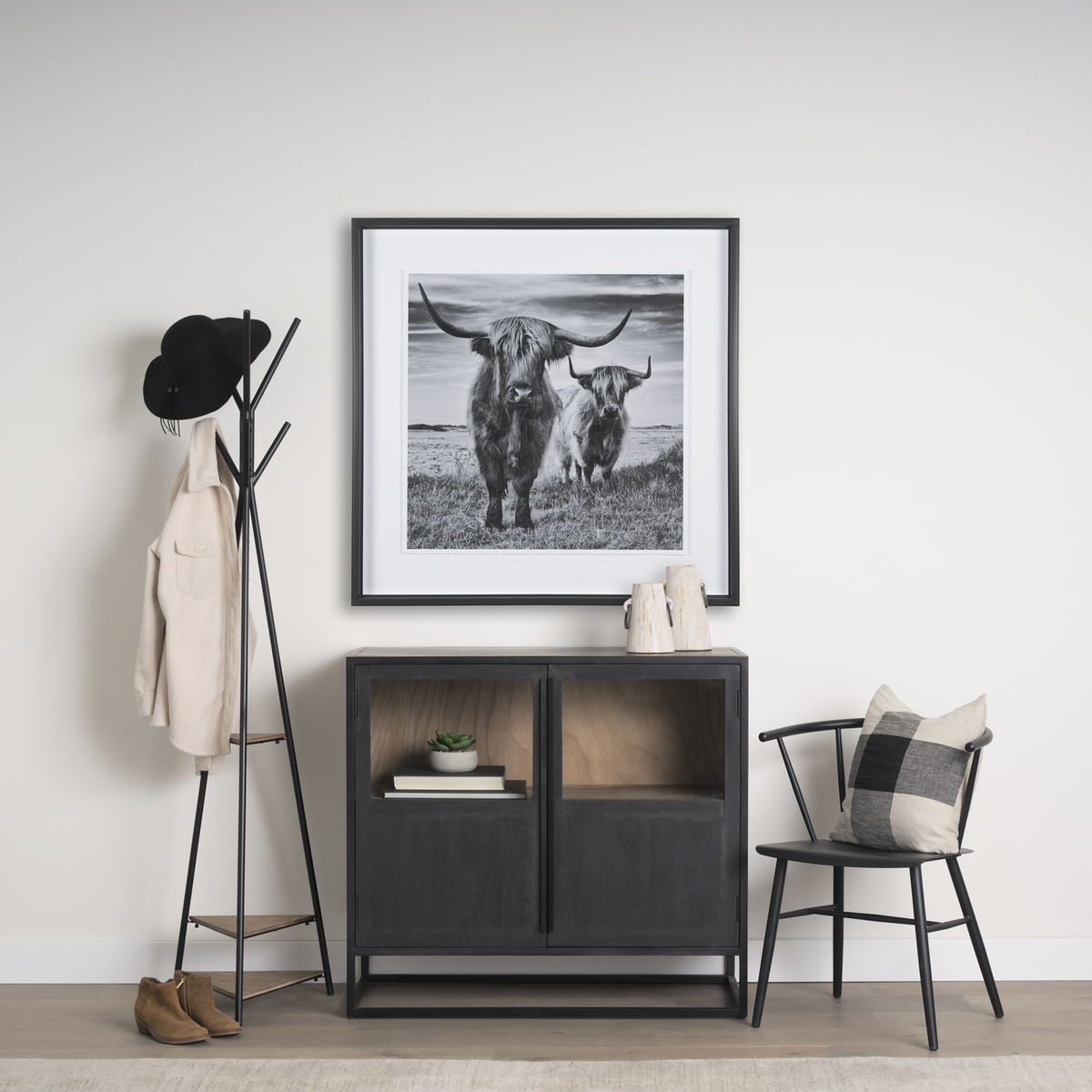 Everett Matte Black Metal with Two Wood Shelves Coat Rack, Stands, Racks & Hook by Mercana, 16.75" length x 16.75" width x 71" height View 2