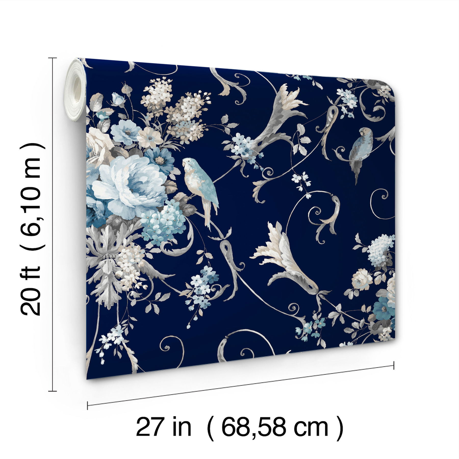 Parrots with Floral Bouquets Navy Peel & Stick Wallpaper large image 