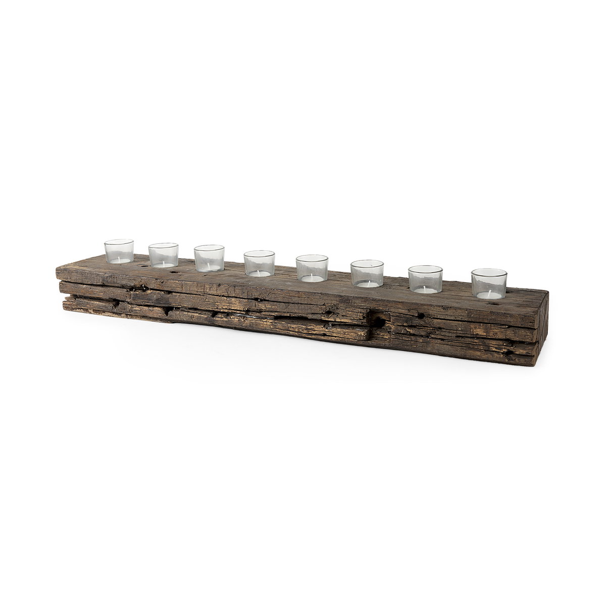 Lakara Reclaimed Wood Eight Tealight Table Candle Holder, Candles & Candle Holder by Mercana, 36" length x 8" width x 3" height View 1