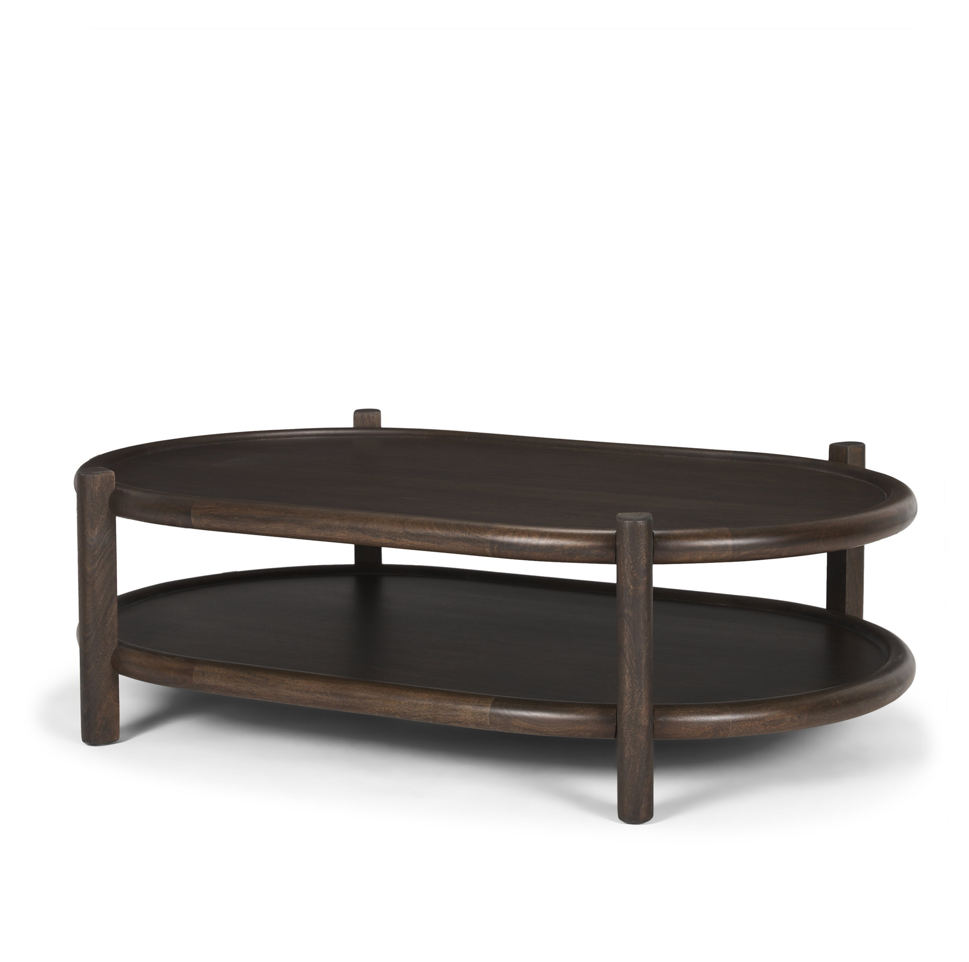 Romi Dark Brown Wood with Bottom Shelf Oval Coffee Table, by Mercana, 55.5" length x 35" width x 17" height View 1