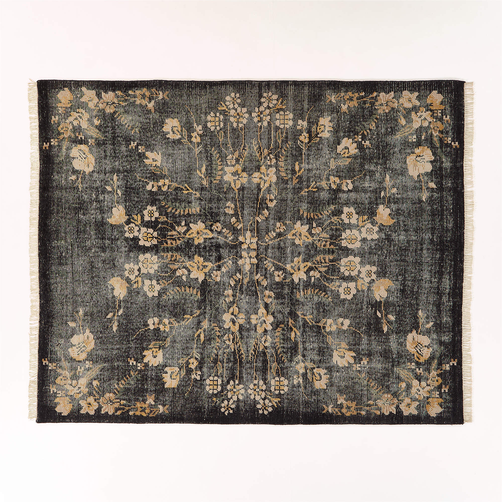 Online Designer Combined Living/Dining Lavish Hand-Knotted Black Floral Wool Area Rug 8'x10'