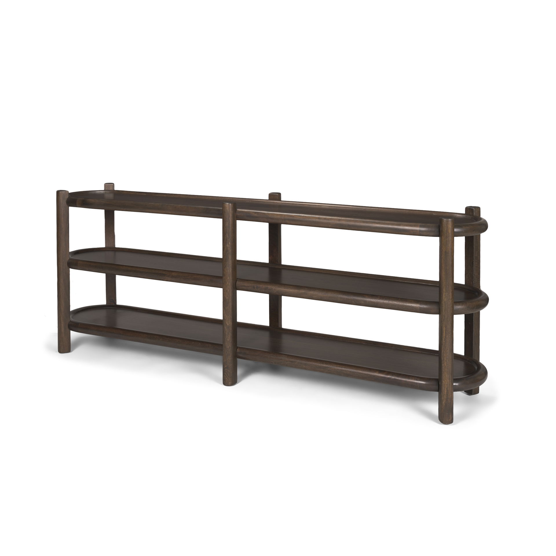 Romi Dark Brown Wood with 3 Shelves Oval Console Table, by Mercana, 80" length x 19" width x 30" height View 1
