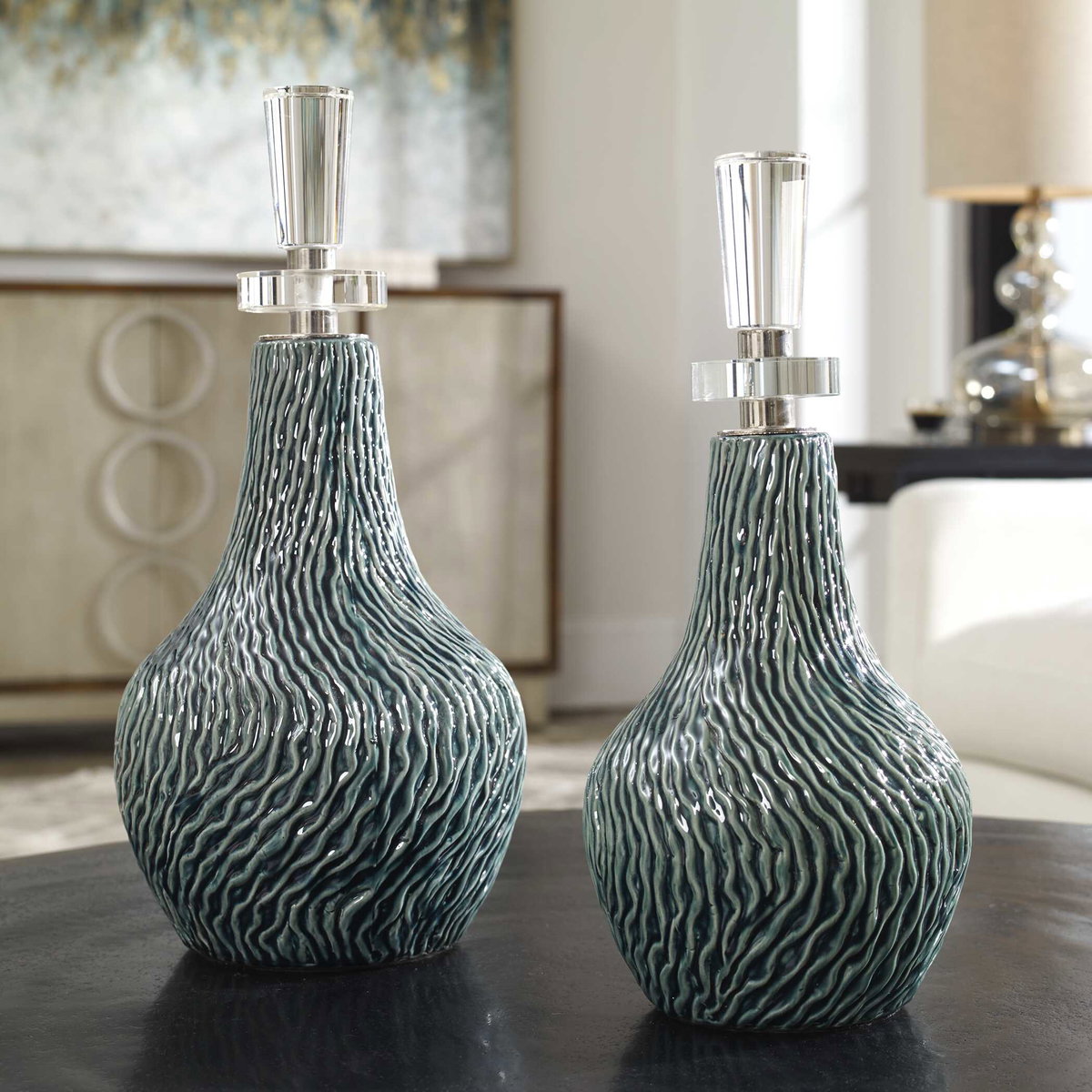 Almera Dark Teal Bottles Set/2, by Uttermost, 7.5" width x 1'3.5" height x 7.5" depth View 5