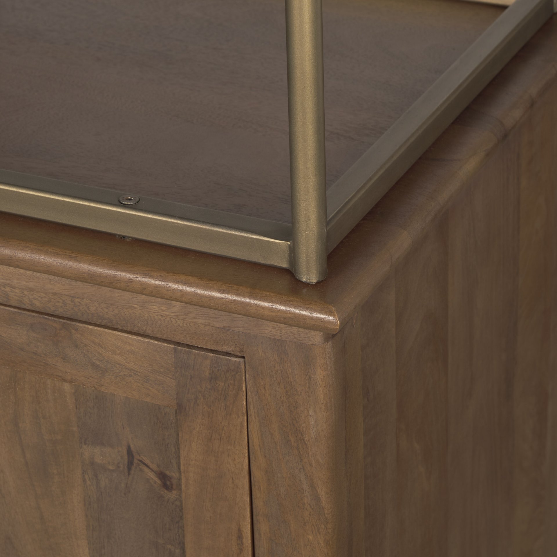 Baron 4-Door Dark Brown Wood with Antique Brass Metal Open Shelving Unit, Shelving & Bookcase by Mercana, 81.75" length x 19" width x 90" height View 11