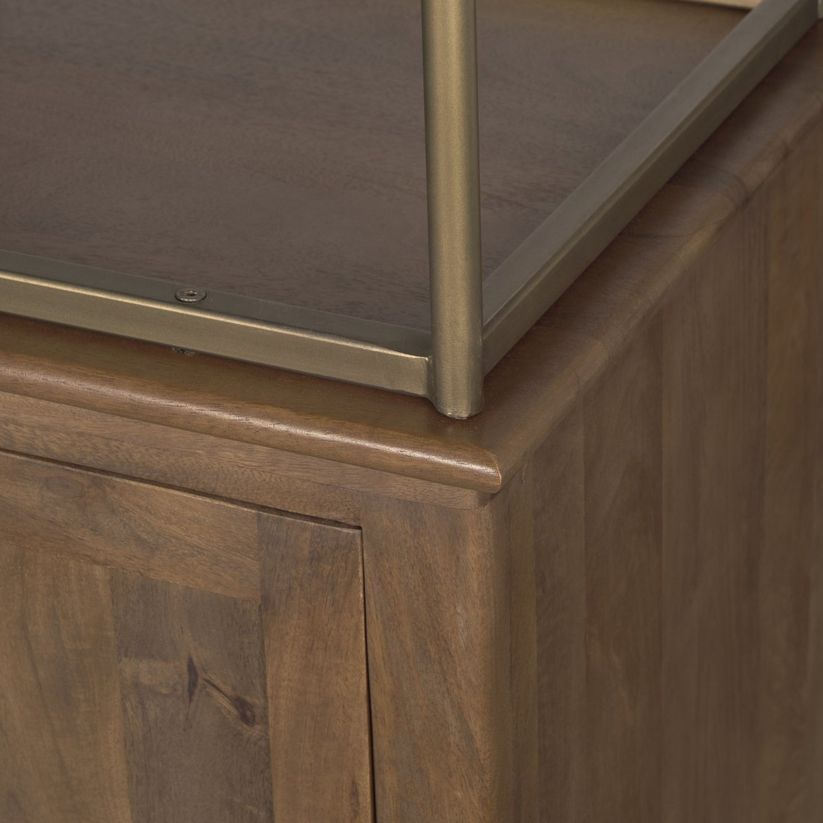 Baron 4-Door Dark Brown Wood with Antique Brass Metal Open Shelving Unit, Shelving & Bookcase by Mercana, 81.75" length x 19" width x 90" height View 11