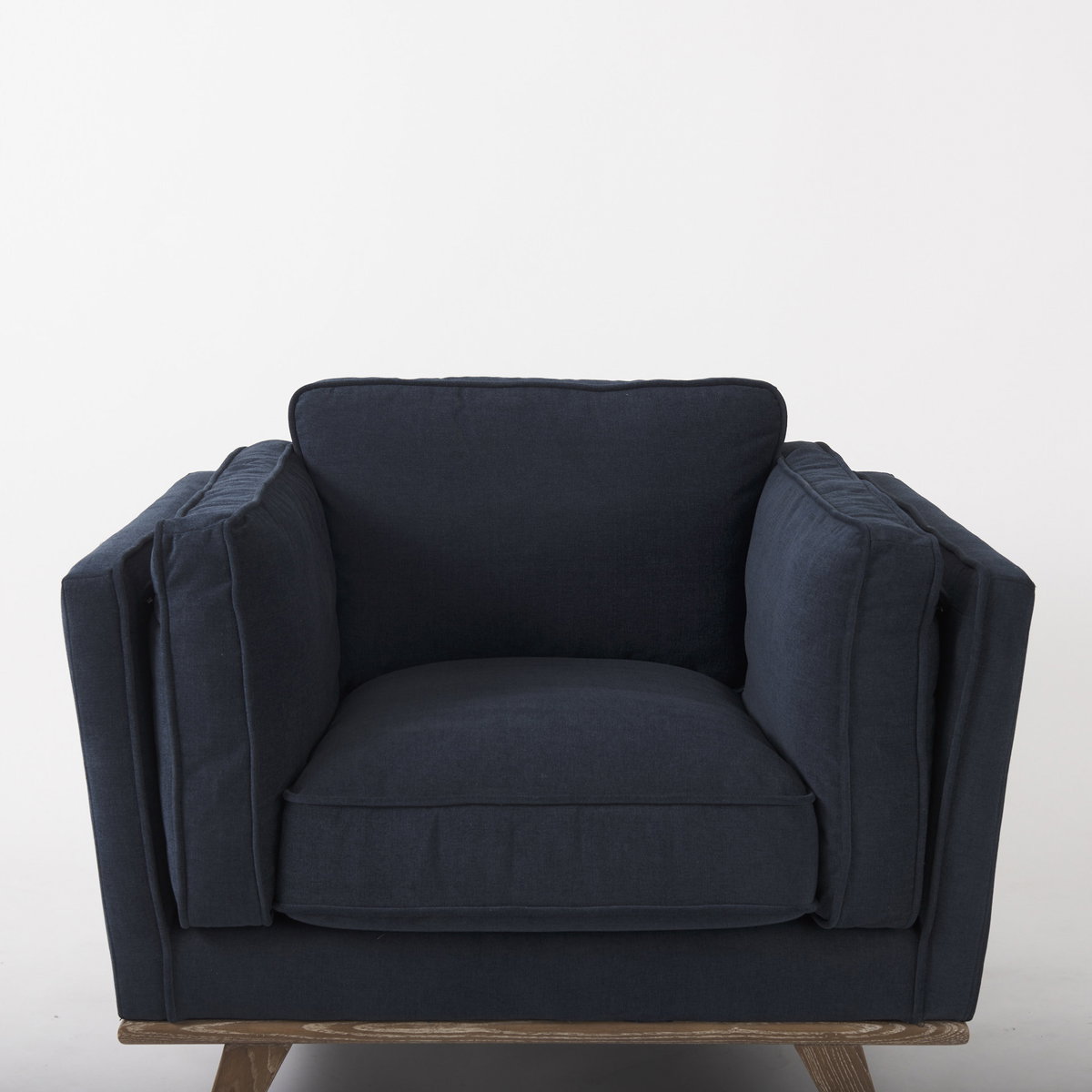 Brooks  Navy Blue Fabric Chair with Medium Brown Wooden Legs, Accent Chair by Mercana, 41.73" length x 34.84" width x 33.46" height View 9