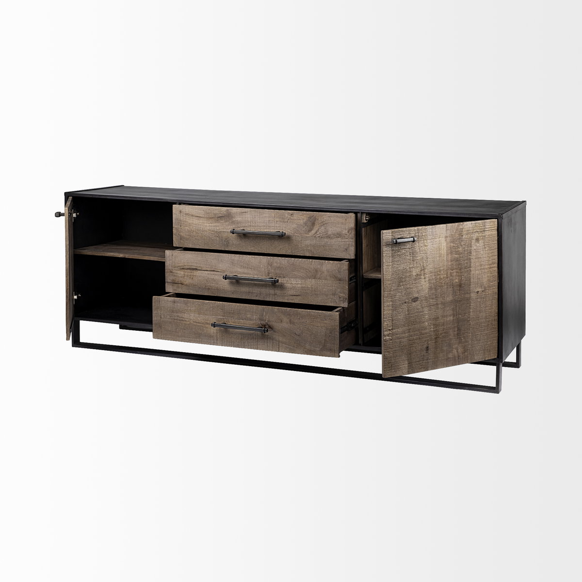 Alvin 82x20 Brown Solid Wood With Black Metal Frame 3 Drawer 2 Cabinet Door Sideboard, Sideboards & Buffet by Mercana, 82" length x 20" width x 30" height View 9