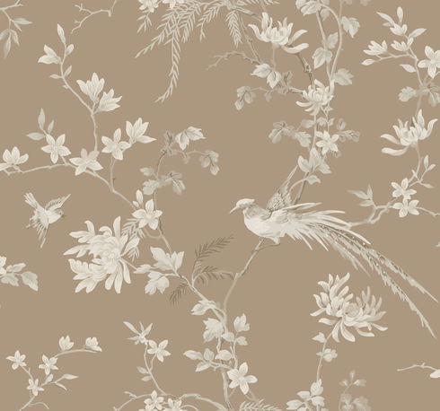 Bird & Blossom Chinoserie Brown Wallpaper