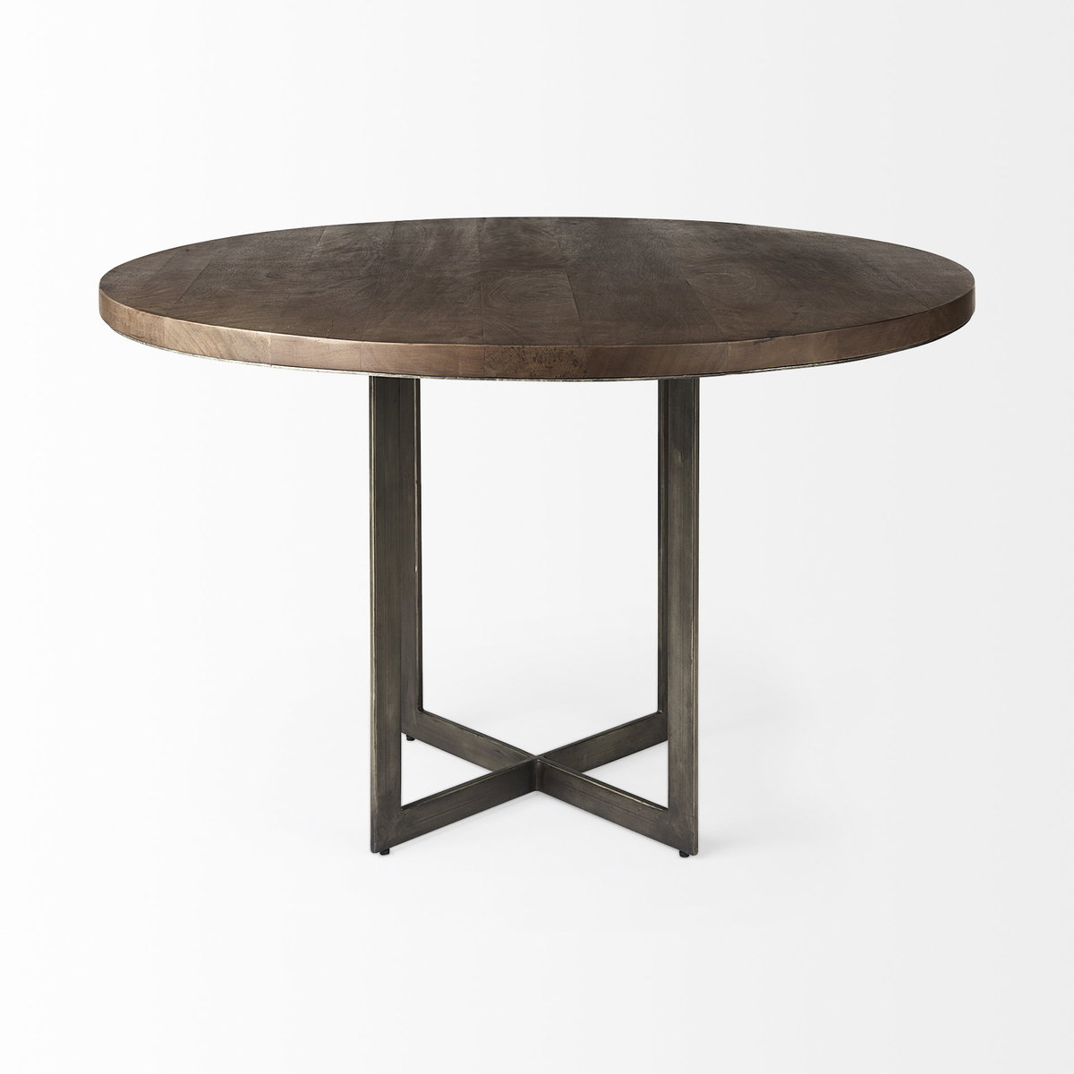 Faye 48' Round Dining Table | Med Brown Wood & Antique Nickel Metal | Seats 4, by Mercana, 48" length x 48" width x 30" height View 3